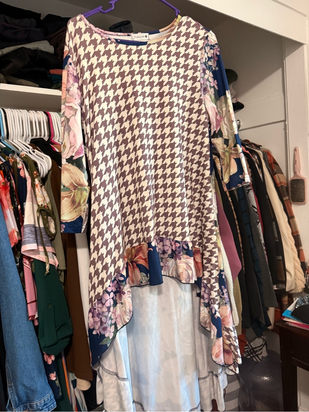 Mixed-Print Hi-Low Tunic in Purple and Pink